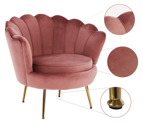 KONDELA Fotel Art-deco stílusban, rózsaszín Velvet anyag/gold króm-arany, NOBLIN