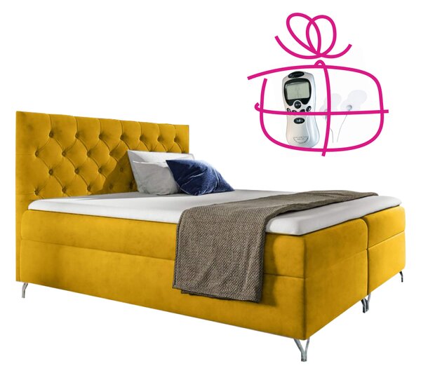 KONDELA Boxspring ágy, 140x200, sárga Velvet szövet, GULIETTE + ajándék