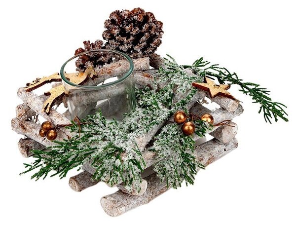 Szögletes aprított fa mécses tartó tobozzal, fenyővel, fa szarvassal 14x14x10cm