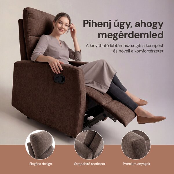 Fekvőfotel, relax fotelágy dönthető háttámlával, lábtartóval barna zsenília szövet (JN-R8120A51) DARK BROWN)