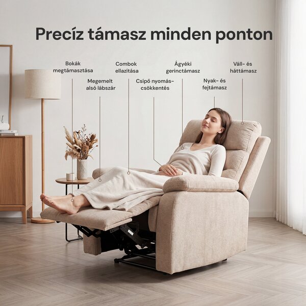 Fekvőfotel, relax fotelágy dönthető háttámlával, lábtartóval bézs zsenília szövet (JN-R8120A51-BEIGE)