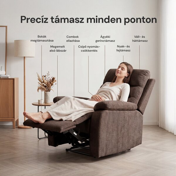 Fekvőfotel, relax fotelágy dönthető háttámlával, lábtartóval barna zsenília szövet (JN-R8120A51) DARK BROWN)
