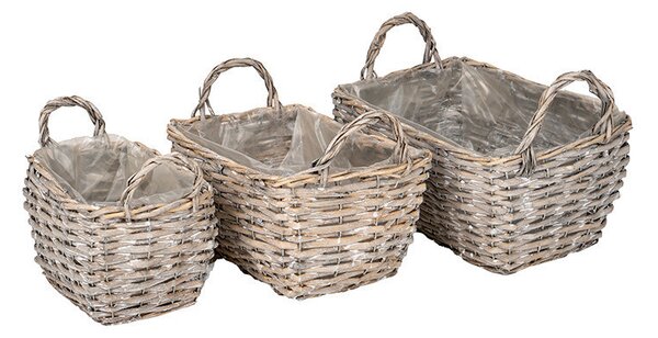 Szögletes hasított vessző ültetőtál szett két füllel szürke 20,5x14x12/17,5-31x21,5x14/21cm S/3