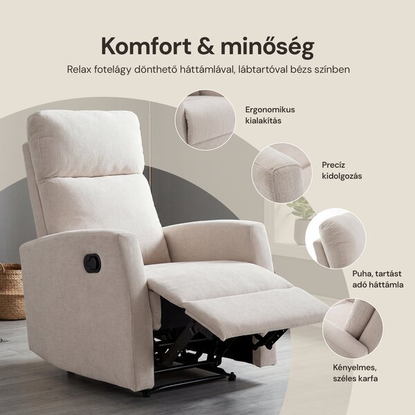 Fekvőfotel, relax fotelágy dönthető háttámlával, lábtartóval bézs zsenília szövet (JN-R8120A51-BEIGE)