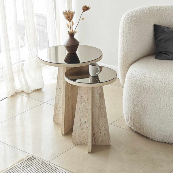 Hanah Home Side Table Set Travertine Bronze Luna - Travertine