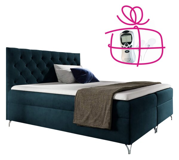 KONDELA Boxspring ágy, 200x200, sötétkék Velvet szövet, GULIETTE + ajándék
