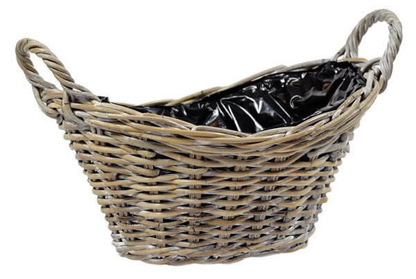 Ívelt tetejű ovális hasított rattan ültetőtál két füllel barna 43x37x19/23/26cm