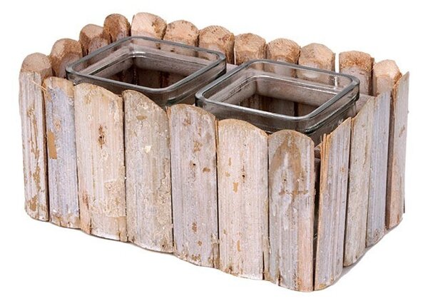 Szögletes fahasáb tál két üvegkockával szürke 20x12x9cm