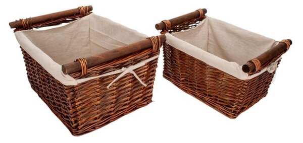 Szögletes hasított vessző tál szett fa füllel textil béléssel barna 45x35x23/26cm S/2