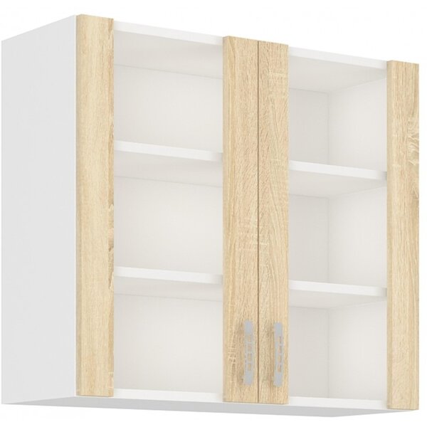 Felső vitrines szekrény SABRYA - szélesség 80 cm, sonoma tölgy / fehér