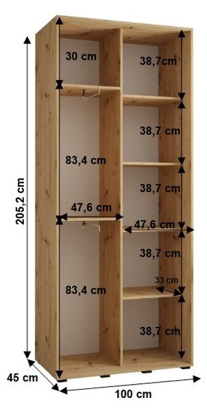 YVONA 7 gardróbszekrény - 100/45 cm, fehér / fekete / fekete