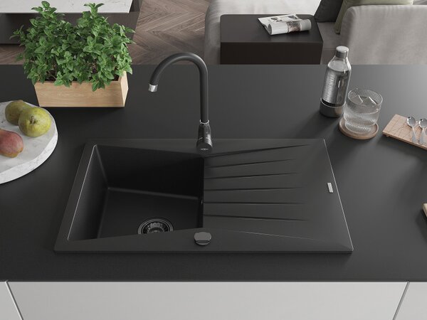 Mexen Cesar, gránit mosogató 775x470x190 mm, 1 kamrás, fekete, fekete szifonnal, 6514771010-77-B