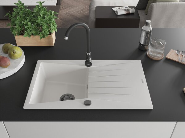 Mexen Cesar, gránit mosogató 775x470x190 mm, 1 kamrás, fehér, fekete szifonnal, 6514771010-20-B