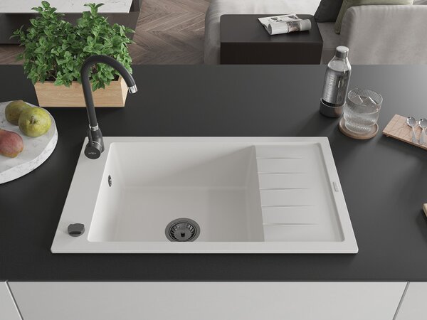 Mexen Elias, gránit mosogató gránit 795x480x200 mm, 1 kamrás, fehér, fekete szifonnal, 6511791005-20-B