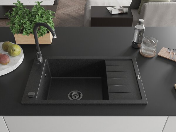 Mexen Elias, gránit mosogató gránit 795x480x200 mm, 1 kamrás, fekete-ezüst metál fekete szifonnal, 6511791005-73-B