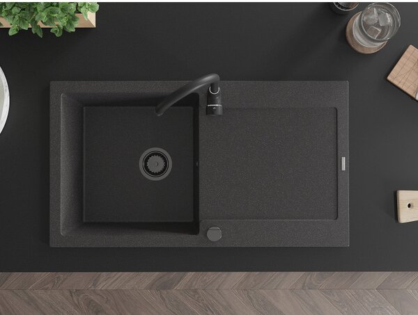 Mexen Leo, gránit mosogató 900x500x190 mm, 1 kamrás, fekete foltos fekete szifonnal, 6501901010-76-B