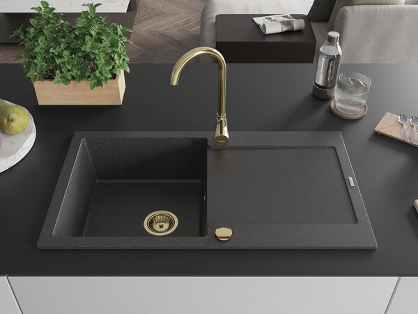 Mexen Leo, gránit mosogató 900x500x190 mm, 1 kamrás, fekete foltos arany szifonnal, 6501901010-76-G
