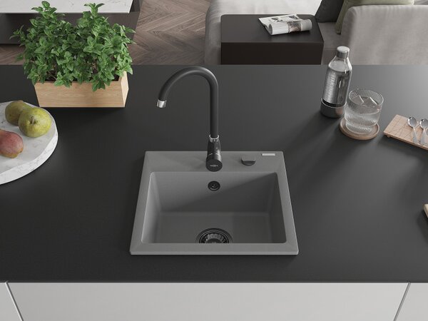 Mexen Milo, gránit mosogató 435x410x171 mm, 1 kamrás, szürke, fekete szifonnal, 6505441000-71-B