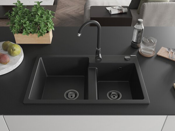 Mexen Tomas, gránit mosogató 800x500x190 mm, 2 kamrás, fekete, fekete szifonnal, 6516802000-77-B