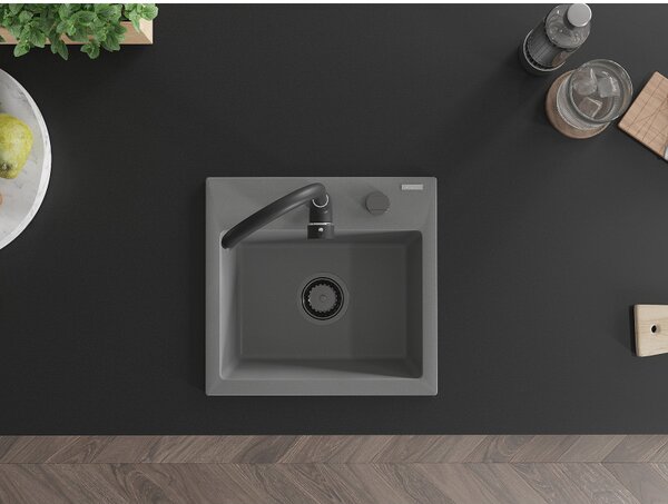 Mexen Milo, gránit mosogató 435x410x171 mm, 1 kamrás, szürke, fekete szifonnal, 6505441000-71-B