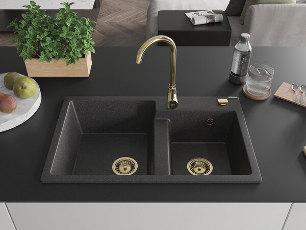 Mexen Tomas, gránit mosogató 800x500x190 mm, 2 kamrás, fekete foltos arany szifonnal, 6516802000-76-G
