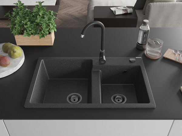 Mexen Tomas, gránit mosogató 800x500x190 mm, 2 kamrás, fekete foltos fekete szifonnal, 6516802000-76-B