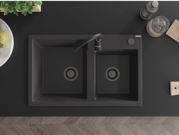 Mexen Tomas, gránit mosogató 800x500x190 mm, 2 kamrás, fekete foltos fekete szifonnal, 6516802000-76-B
