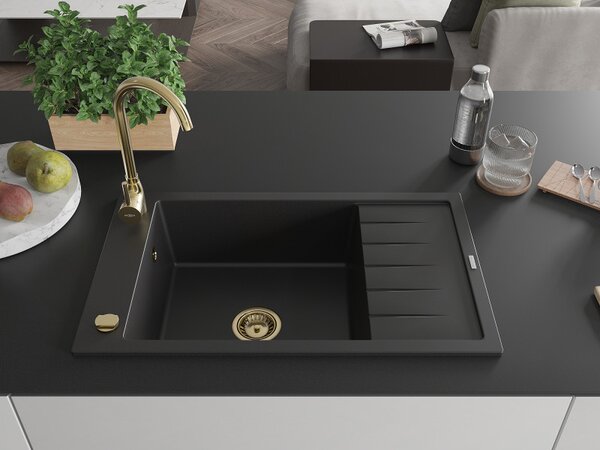 Mexen Elias, gránit mosogató gránit 795x480x200 mm, 1 kamrás, fekete arany szifonnal, 6511791005-77-G