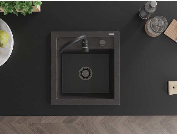 Mexen Vito, gránit mosogató 520x490x210 mm, 1 kamrás, fekete foltok fekete szifonnal, 6503521000-76-B