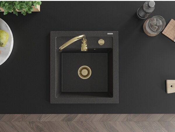 Mexen Vito, gránit mosogató 520x490x210 mm, 1 kamrás, fekete foltos arany szifonnal, 6503521000-76-G