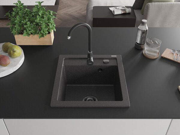Mexen Vito, gránit mosogató 520x490x210 mm, 1 kamrás, fekete foltok fekete szifonnal, 6503521000-76-B
