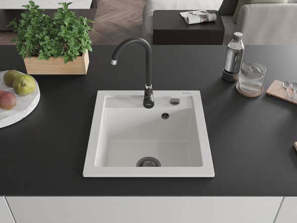 Mexen Vito, gránit mosogató 520x490x210 mm, 1 kamrás, fehér, fekete szifonnal, 6503521000-20-B