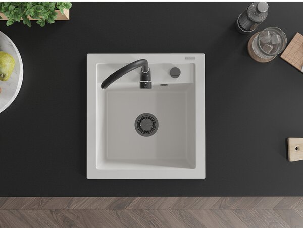 Mexen Vito, gránit mosogató 520x490x210 mm, 1 kamrás, fehér, fekete szifonnal, 6503521000-20-B