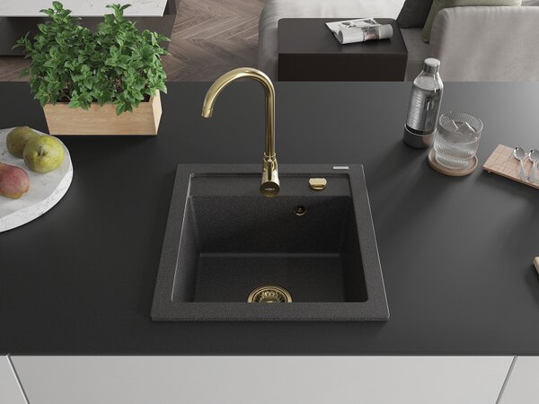 Mexen Vito, gránit mosogató 520x490x210 mm, 1 kamrás, fekete foltos arany szifonnal, 6503521000-76-G