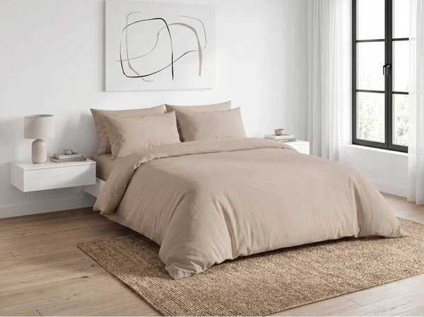 Krepp ágynemű készlet TAUPEXA világosbarna + Jersey gumis lepedő 180 x 200 cm világos bézs, franciaágy