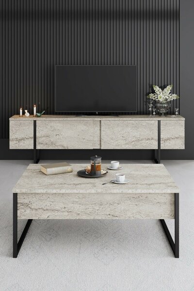 Hanah Home TV Stand Travertine Black Luxe - Travertine, Black