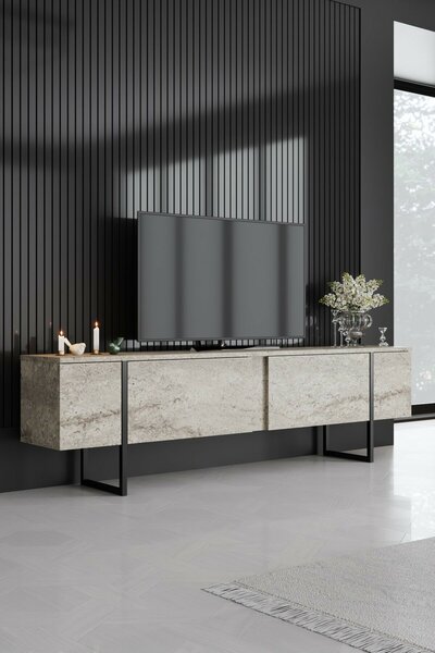 Hanah Home TV Stand Travertine Black Luxe - Travertine, Black