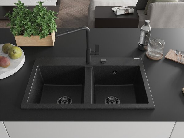 Mexen Hektor, 2 kamrás gránit mosogató 800x480x205 mm, fekete-ezüst metál, grafit szifon, 6521802000-73-B