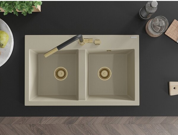 Mexen Hektor, 2 kamrás gránit mosogató 800x480x205 mm, bézs, arany szifon, 6521802000-69-G