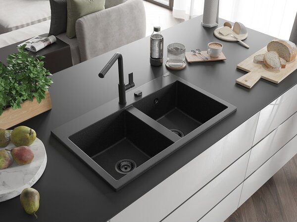 Mexen Hektor, 2 kamrás gránit mosogató 800x480x205 mm, fekete-ezüst metál, grafit szifon, 6521802000-73-B