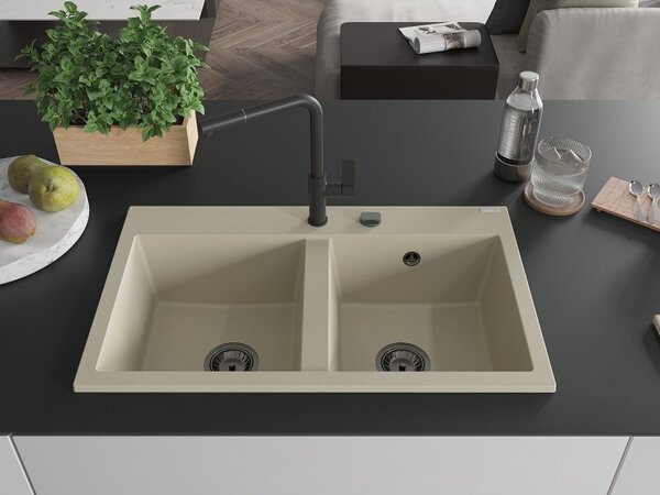 Mexen Hektor, 2 kamrás gránit mosogató 800x480x205 mm, bézs, grafit szifon, 6521802000-69-B