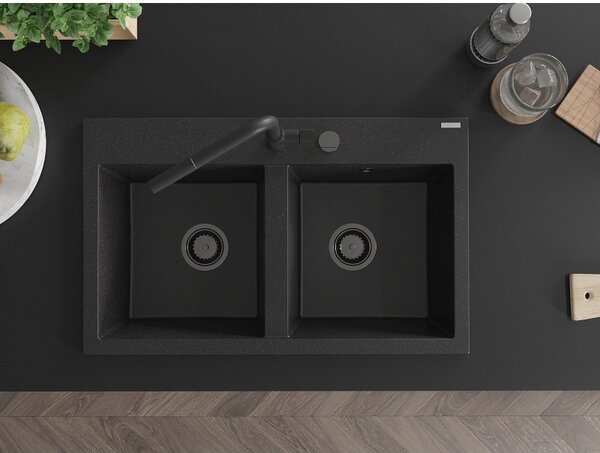 Mexen Hektor, 2 kamrás gránit mosogató 800x480x205 mm, fekete-ezüst metál, grafit szifon, 6521802000-73-B