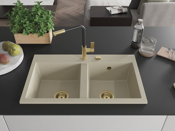 Mexen Hektor, 2 kamrás gránit mosogató 800x480x205 mm, bézs, arany szifon, 6521802000-69-G