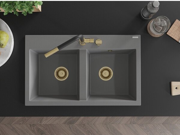 Mexen Hektor, 2 kamrás gránit mosogató 800x480x205 mm, szürke, arany szifon, 6521802000-71-G