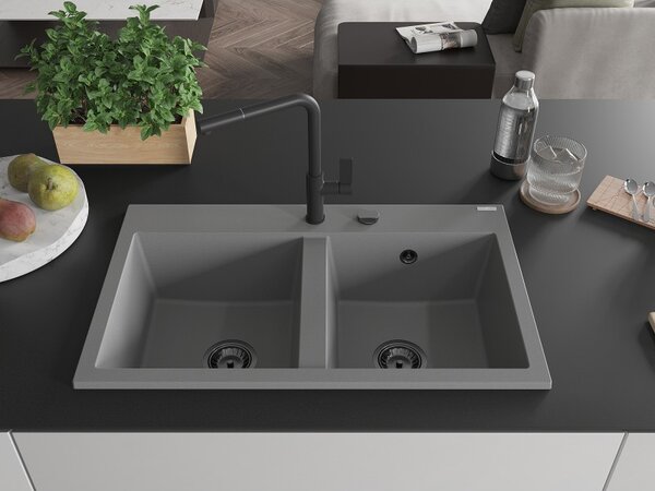 Mexen Hektor, 2 kamrás gránit mosogató 800x480x205 mm, szürke, grafit szifon, 6521802000-71-B