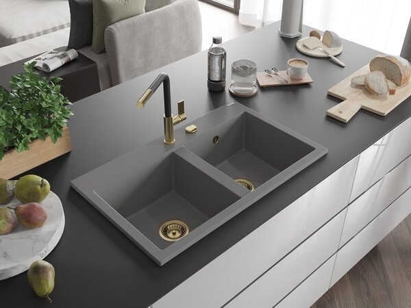 Mexen Hektor, 2 kamrás gránit mosogató 800x480x205 mm, szürke, arany szifon, 6521802000-71-G