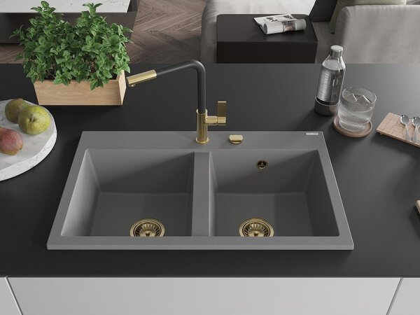 Mexen Hektor, 2 kamrás gránit mosogató 800x480x205 mm, szürke, arany szifon, 6521802000-71-G