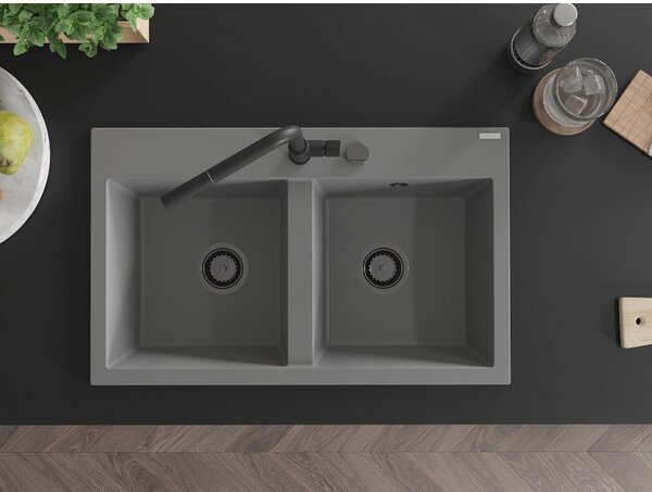 Mexen Hektor, 2 kamrás gránit mosogató 800x480x205 mm, szürke, grafit szifon, 6521802000-71-B