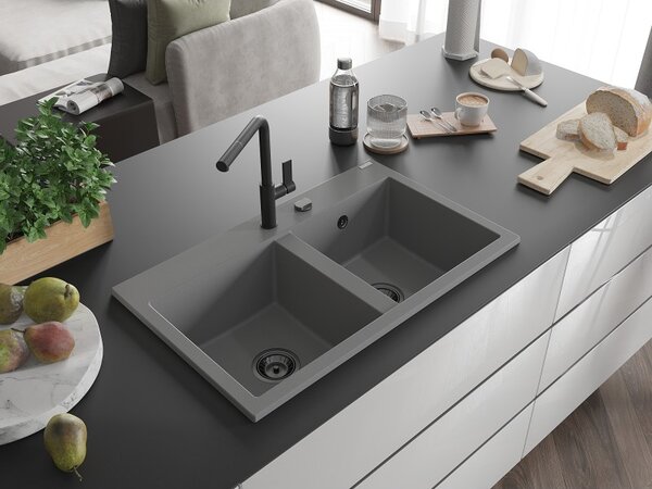 Mexen Hektor, 2 kamrás gránit mosogató 800x480x205 mm, szürke, grafit szifon, 6521802000-71-B