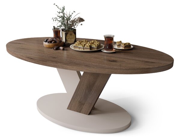 Mazzoni LOVA Elegáns Dió/Beige Taupe - OVÁLIS DOHÁNYZÓASZTAL 110x60 cm MODERN KÁVÉZÓ ASZTAL